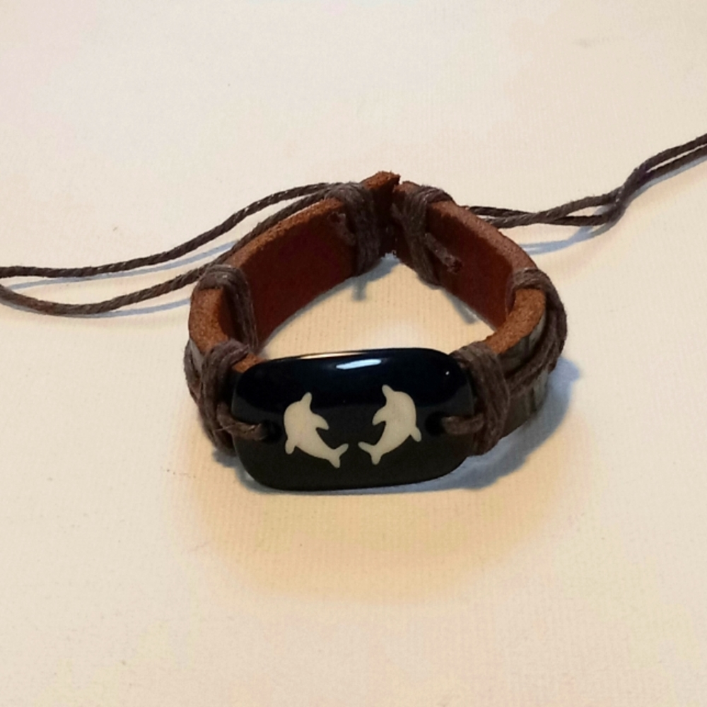 Dark Brown Leather Drawstring Dolphins Bracelet